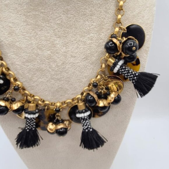 J Crew Black Tassel Gold Tone Disk Tortoise Charm Link Necklace - Picture 10 of 11